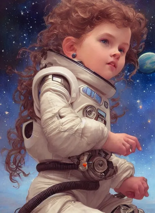 Image similar to a cute little girl with curly light brown hair and blue eyes as an astronait wearing a space suit in space, beautiful fantasy painting by artgerm and greg rutkowski and alphonse mucha