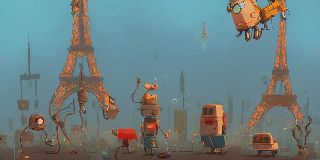 Image similar to Cartoon characters at the Eiffel Tower by Goro Fujita and Simon Stalenhag , 8k, trending on artstation, hyper detailed, cinematic