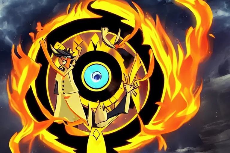 Image similar to A-X-O-L-O-T-L, my time has come to burn, i invoke the ancient power that i may return, quoted by Bill Cipher