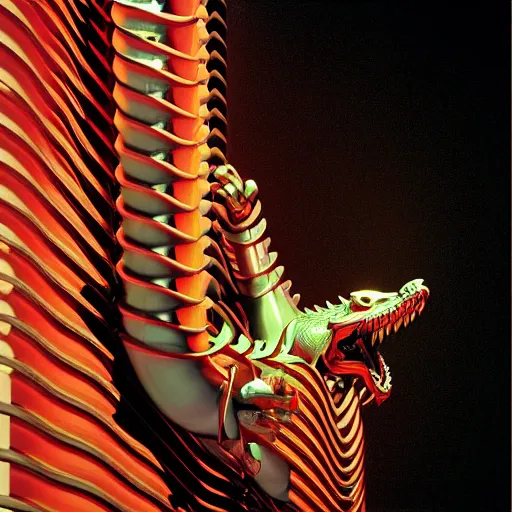 Prompt: hyperrealism aesthetic photography in araki nobuyoshi style quntum computer simulation visualisation of parallel universe dramatic scene with detailed dragon wearing retrofuturistic sci - fi neural interface designed by josan gonzalez. hyperrealism photo on pentax 6 7, by giorgio de chirico volumetric natural light rendered in blender