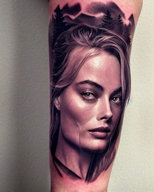 Prompt: creative double exposure effect tattoo design sketch of margot robbie face blended with beautiful mountain scenery, realism tattoo, in the style of matteo pasqualin, amazing detail, sharp