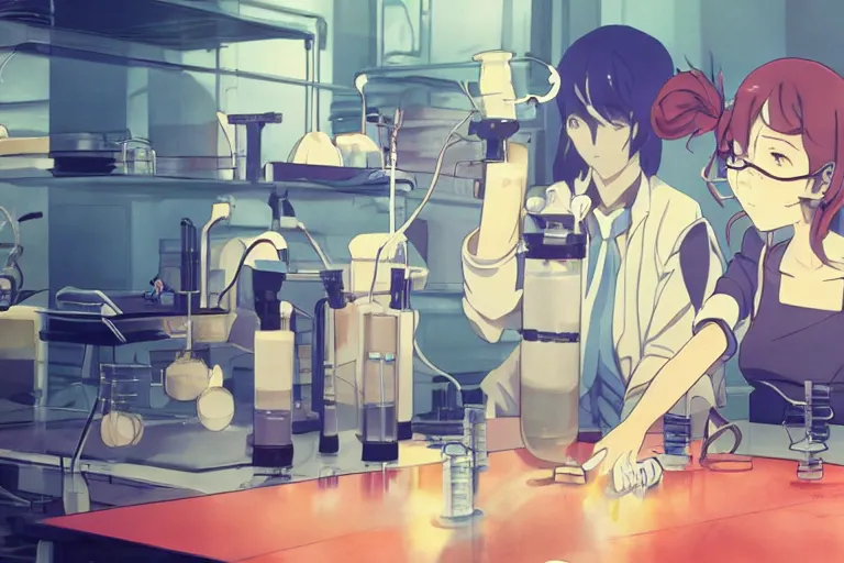 Image similar to anime still of reckless!!! whimsical! trippy scientists in a lab inventing, presentation, scattered tables overloaded with doomsday devices and beakers and test tubes, by makoto shinkai yoshinari yoh ilya kuvshinov