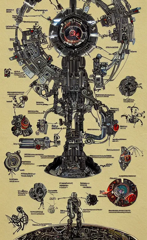 Prompt: anatomy of the terminator, robot, cyborg, t 1 0 0, arc reactor, bloodborne diagrams, mystical, intricate ornamental tower floral flourishes, rule of thirds, technology meets fantasy, map, infographic, concept art, art station, style of wes anderson