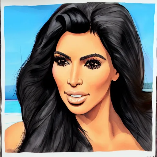 Image similar to kim kardashian in linguire next to the beach, looking at camera while posing, wet clothes, realistic shading, fine details, realistic shaded lighting poster, g cup size, dslr