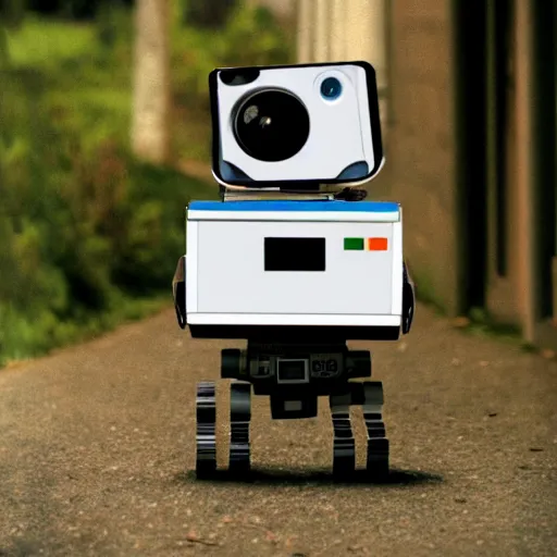 Image similar to polaroid of wall - e robot in abandoned washington city