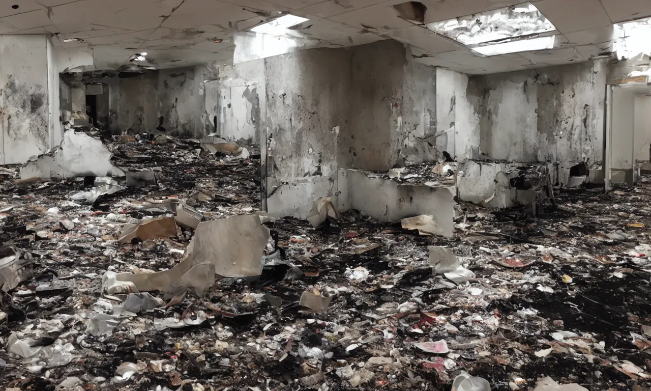 Prompt: backrooms abandoned mall, moldy walls and garbage on fire