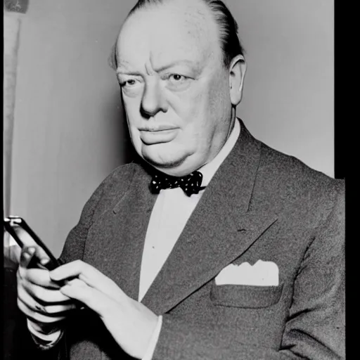 Image similar to A black and white photograph, circa 1940s, of Winston Churchill using a smartphone