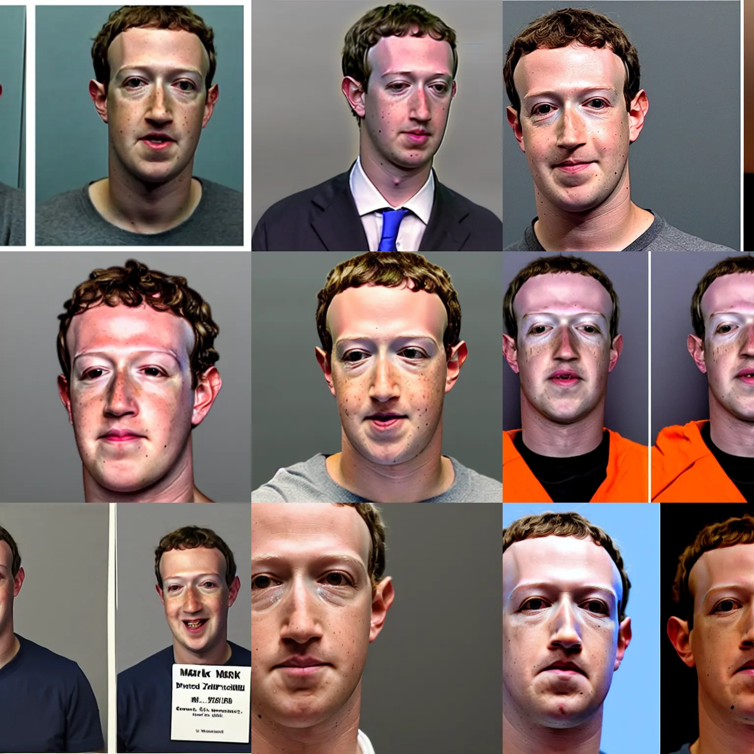 Prompt: Mark Zuckerberg cries in mugshot, wearing orange jumpsuit