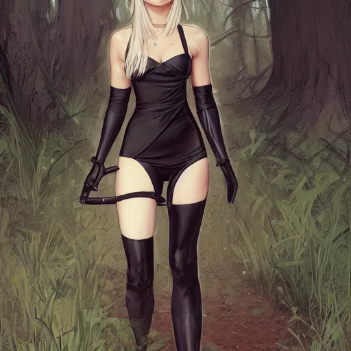 Image similar to full body portrait of 2 b nier automata wearing a skintight dress in a forest, large thighs, perfect face, intricate, elegant, highly detailed, digital painting, artstation, smooth, sharp focus, illustration, art by artgerm and greg rutkowski and alphonse mucha, 8 k