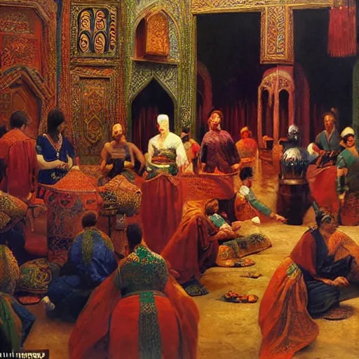 Image similar to an oil painting in the style of orientalism of dragons on display in a dragon auction in the grand bazaar of isfahan by edwin lord weeks