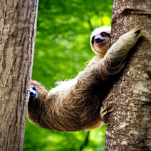 Prompt: national geographic photograph of a sloth in a tree playing the guitar