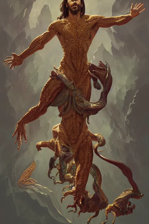 Image similar to fullbody!! dynamic action pose, jesus christ portrayed as a lizard reptile man, lizard head, holy cross, religious, intricate, elegant, highly detailed, digital painting, artstation, concept art, smooth, sharp focus, illustration, art by artgerm and greg rutkowski and alphonse mucha