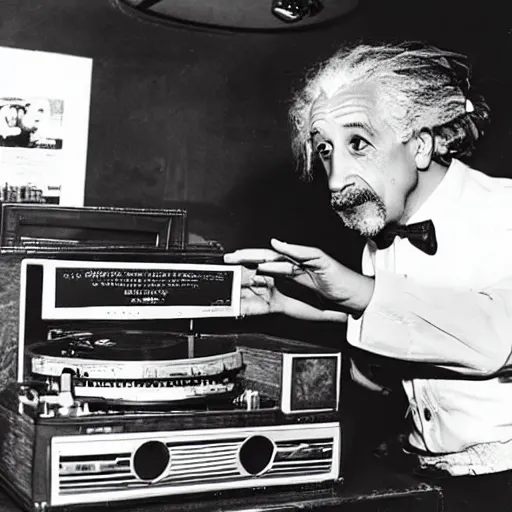 Image similar to photo of Albert Einstein DJing a record player at a nightclub, vintage, highly detailed facial features, at a nightclub