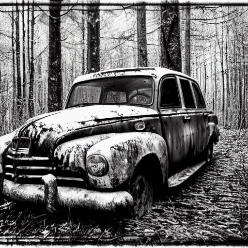 Image similar to rusty sedan in winter forest, greyscale, Polaroid, editoral image