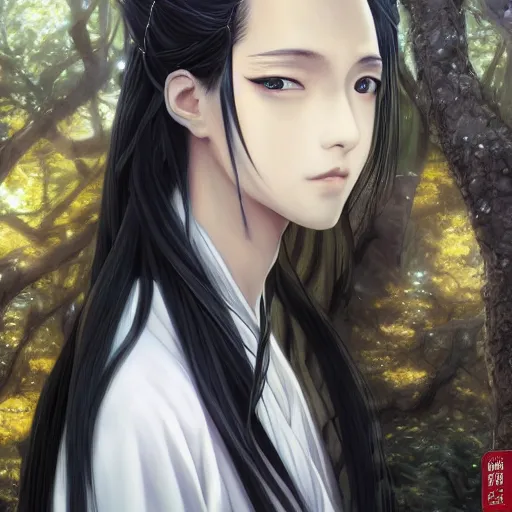 Image similar to a portrait of a young beautiful prince, golden eyes, long black hair, white hanfu, elegant, cute, intricate, backlit, incredible lighting, strong rim light, subsurface scattering, photorealistic anime, epic beautiful landscape, cherry trees, highly detailed, digital painting, by Heise Jinyao, Heise-Lian Yan Fang, Feimo, Rossdraws, Sakimichan HDRI, vivid colors, high contrast, 8k