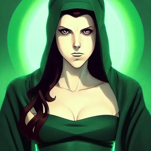 Prompt: Phil Noto comic art, artgerm, eiichiro oda, pixiv, concept art, digital painting, cinematics lighting, beautiful Anna Kendrick supervillain Enchantress, green dress with a black hood, angry, symmetrical face, Symmetrical eyes, full body, flying in the air over city, night time, red mood in background