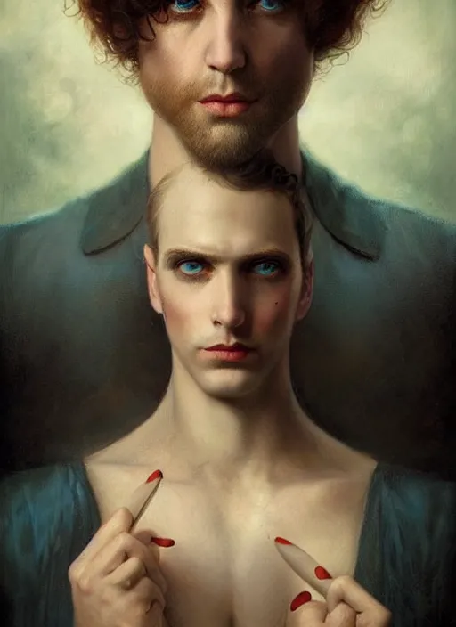Image similar to a sociopathic portrait of a pockmarked man with beautiful blue eyes and short brown hair, art by manuel sanjulian and tom bagshaw