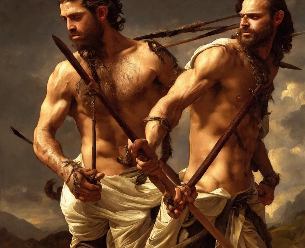 Image similar to renaissance painting full body portrait of a gruff ranger with a spear, lean and toned, handsome face, hairy chest and hairy body, D&D, intricate, elegant, highly detailed, digital painting, artstation, concept art, matte, sharp focus, chiaroscuro, well list, illustration, art by Artgerm and Greg Rutkowski and Alphonse Mucha