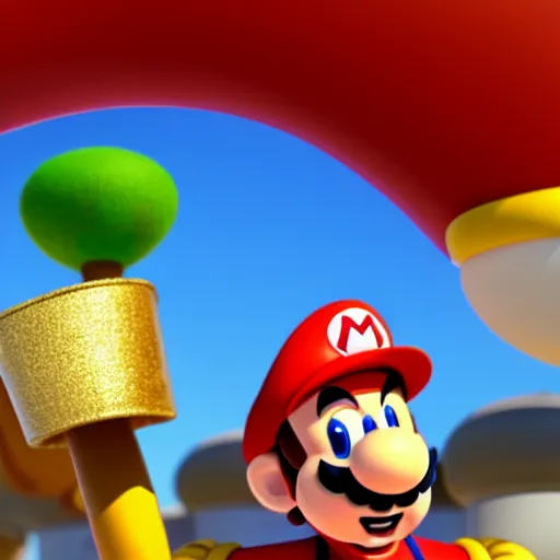 Image similar to A Still of Super Mario in an animated Disney Pixar movie holding a gold coin in the mushroom kingdom, promotional render, 35mm f2.8, 4k, artstation, PBR materials, Pixar renderman render