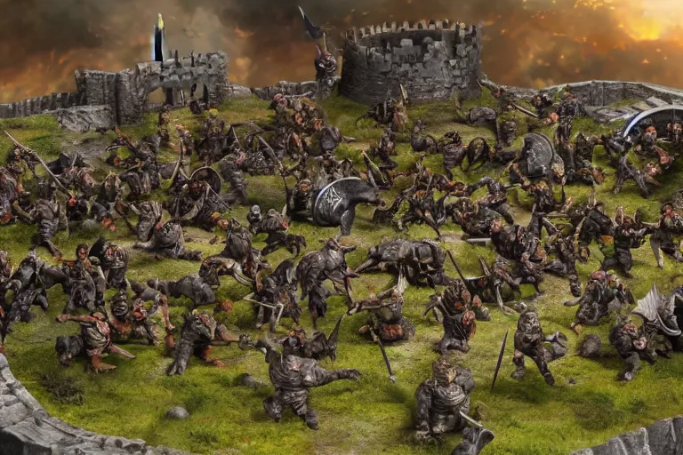 Image similar to diorama of minions fighting orcs in the battle of helm's deep, giant castle walls, realistic, 4 k, detailed