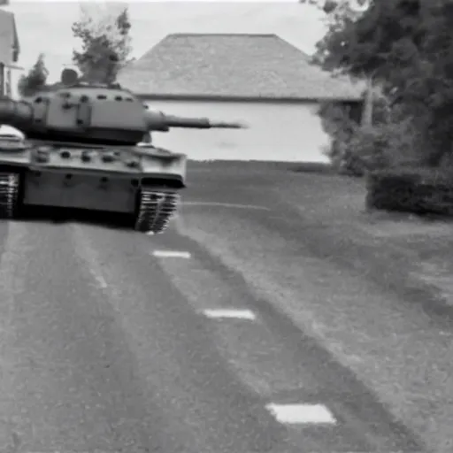 Image similar to cctv footage of a tank driving past a suburban neighbhoorhood, realistic, highly detailed, black and white, at night, taken on a security cctv camera, taken from the view of a house door.