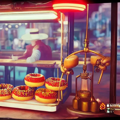 Image similar to Donuts on display at a USA western saloon in the 1800s, robot barkeep, muted cyberpunk style, tranquil, busy but lonely, atmospheric, hazy, sweltering, autochrome, 8k, reflections, octane render, unreal engine 5