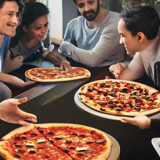 Image similar to people eating pizza in a futuristic city, 8k ultra hd, hyper detailed