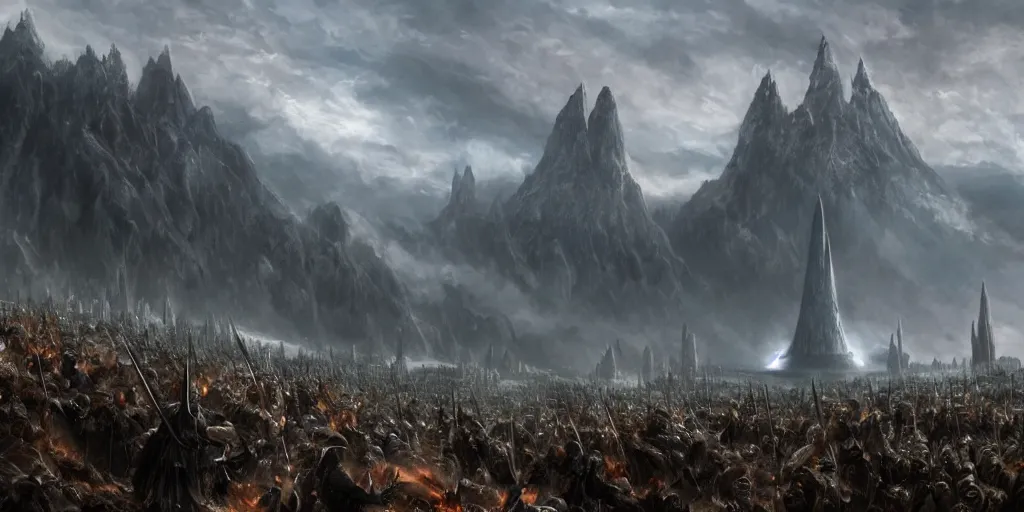 Prompt: Sauron standing on the edge of a cliff overlooking his troops in the distance ready for war at Mordor in the evening, detailed matte painting, cinematic, Alan Lee, Artstation