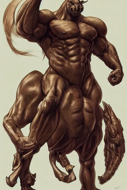 Prompt: a monstrously buff anthro horse whose physique is bursting with muscle wearing a tight high - tech combat bodysuit, full body, sci - fi, highly detailed, digital painting, artstation, concept art, sharp focus, illustration, art by artgerm and greg rutkowski and alphonse mucha