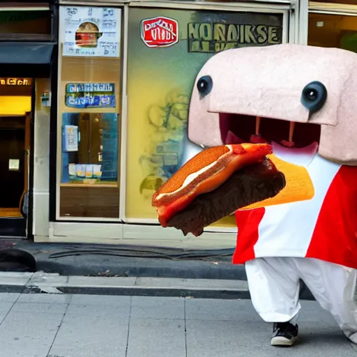 Prompt: anthropomorphic cheese steak attacking Philadelphia