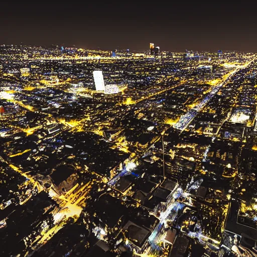 Image similar to bat signal on a los angeles building at night, photorealistic, drone view, dynamic light, ultra detailed, hyper realistic