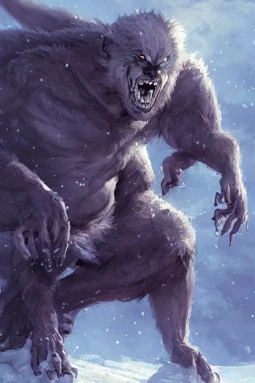 Prompt: a monster werewolf in the snow, snowy. By Makoto Shinkai, Stanley Artgerm Lau, WLOP, Rossdraws, James Jean, Andrei Riabovitchev, Marc Simonetti, krenz cushart, Sakimichan, trending on ArtStation, digital art.