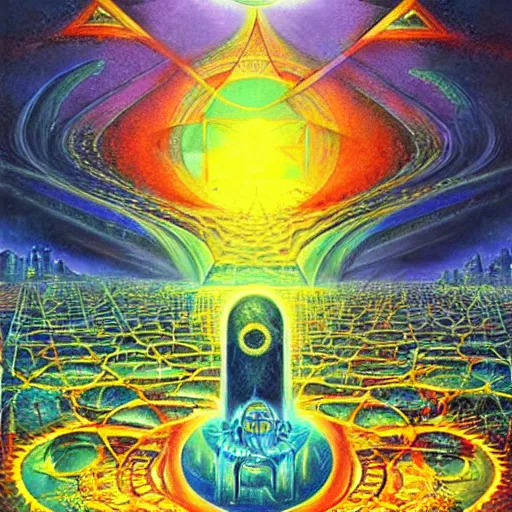 Image similar to hermetic, occult, surreal, hidden knowledge by Paul Lehr, Karl Kopinski and Alex Grey