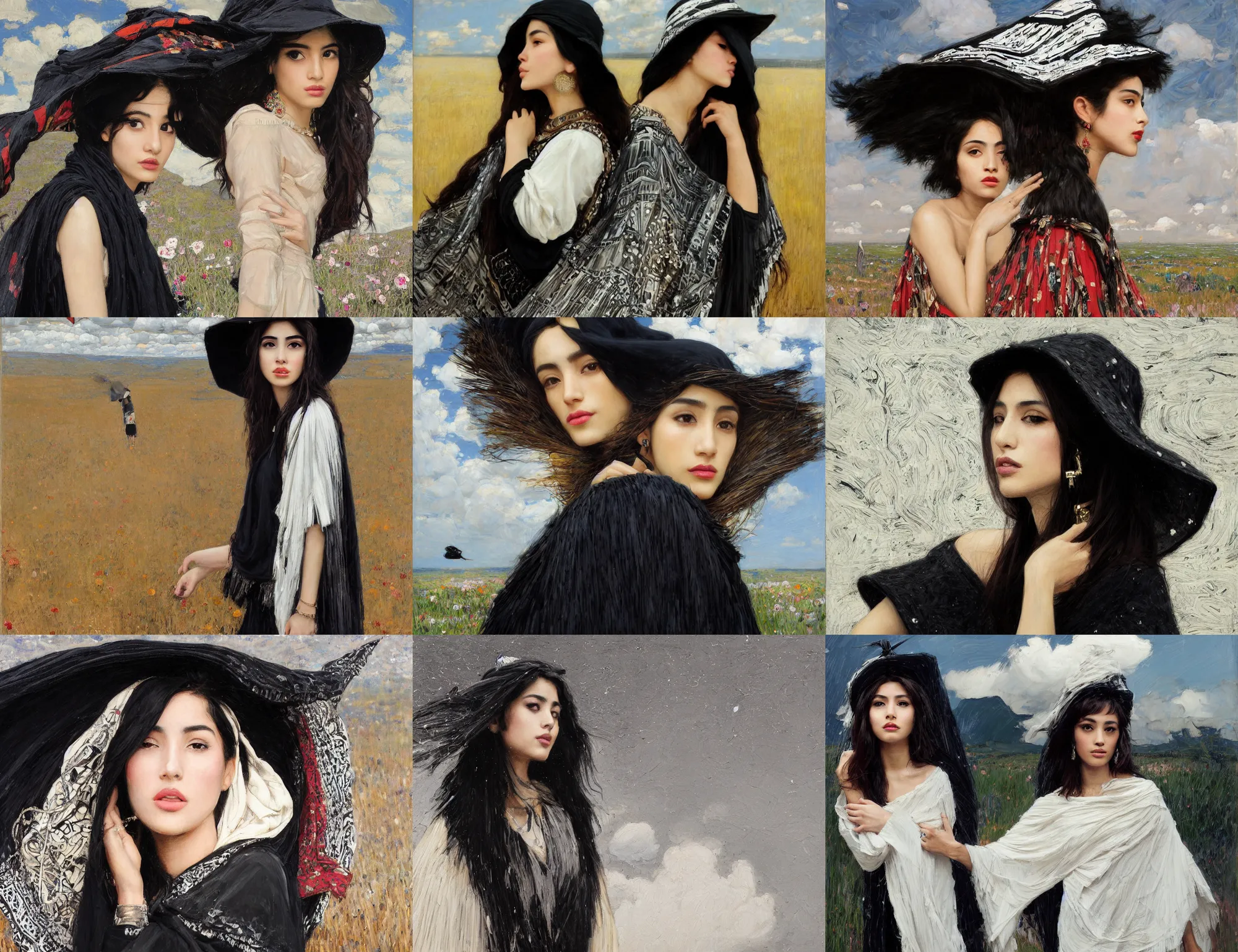 Prompt: profile portrait of single fashionable young iranian asian girl wearing rich jewerly hat and black and white boho poncho standing on extremely strong wind in elegant decollete, dark make up, sitting dynamic pose, Low poly, thunder clouds in the sky, nature, artwork by john william waterhouse and Denis Sarazhin and klimt and rhads and Dean Ellis and Detmold Charles Maurice