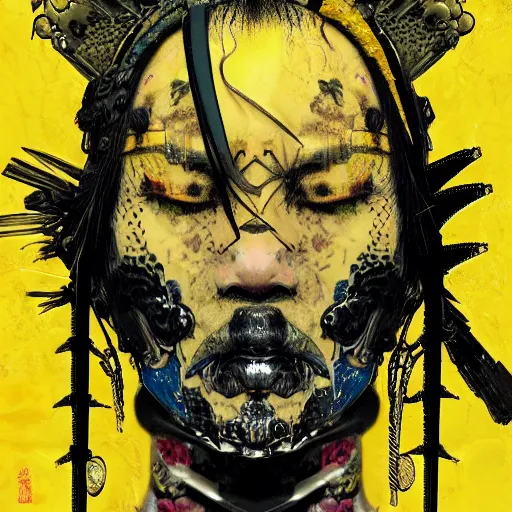 Prompt: close up portrait of old samurai, goth punk, vibrant yellow colors, surreal, french baroque style by alexander mcqueen, hyper detailed, cinematic, art by bill sienkiewicz trending artstation