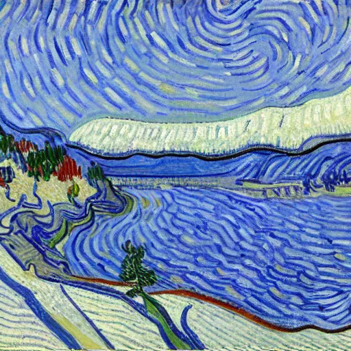 Image similar to Big bear lake California drawn by Vincent van Gogh, 8k