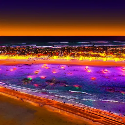 Prompt: ocean beach at night, drone footage, vaporwave style, nightglow, neon signs 8 k shot on dslr