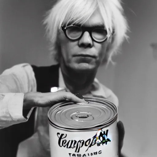 Image similar to Andy Warhol climbing out of a soup can