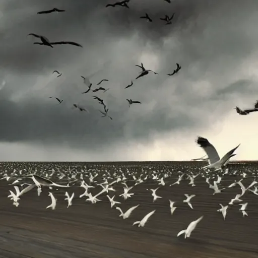 Image similar to a tornado!! made of seagulls, windy, cloudy, realistic reflections, cinematic lighting