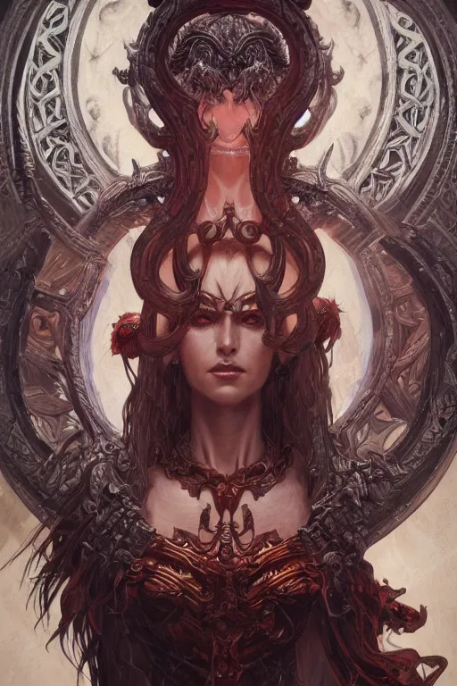 Image similar to ultra realistic illustration, asmodeus from diablo and baldurs gate, intricate, elegant, highly detailed, digital painting, artstation, concept art, smooth, sharp focus, illustration, art by artgerm and greg rutkowski and alphonse mucha