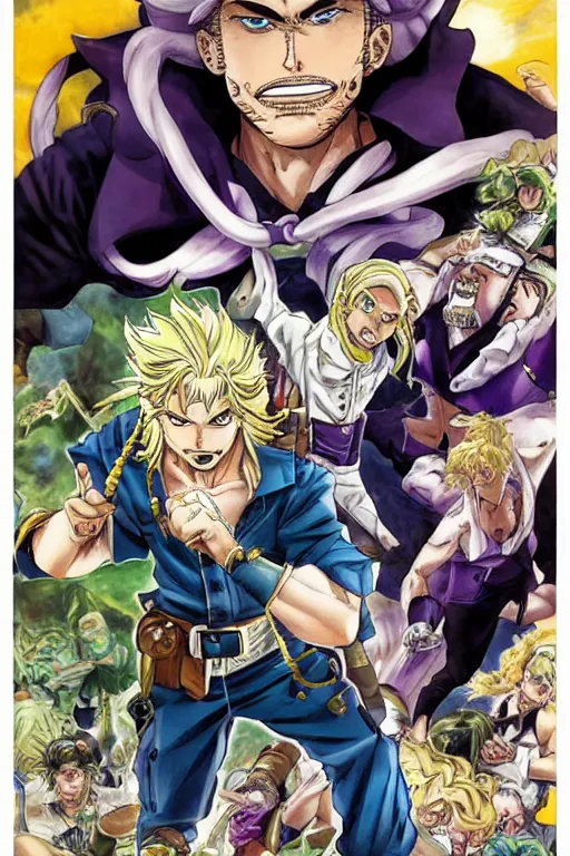 Image similar to jojo's bizzare adventure manga volume cover, boy with blue eyes and long blonde hair, symmetrical face happy, mustache, stubble, steel ball run, handsome face, jojo's bizzare adventure, manga cover, hirohiko araki, illustration