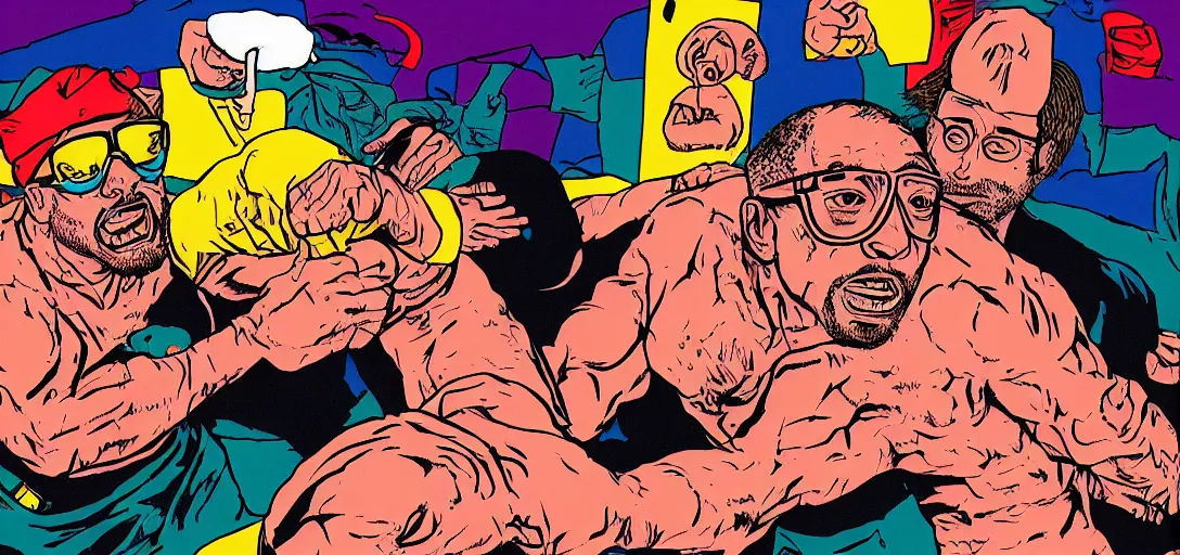 Prompt: Sam Hyde sparring with Joe Rogan, Mike Judge art style, 90's mtv illustration, clean illustration with thick lines, vivid complementary colors