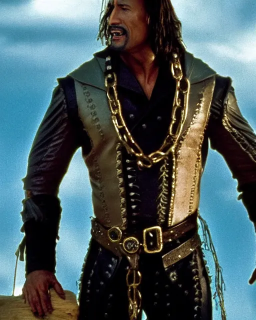 Image similar to Film still close-up shot of Dwayne Johnson as the Captain Hook from the movie Hook. Photographic, photography