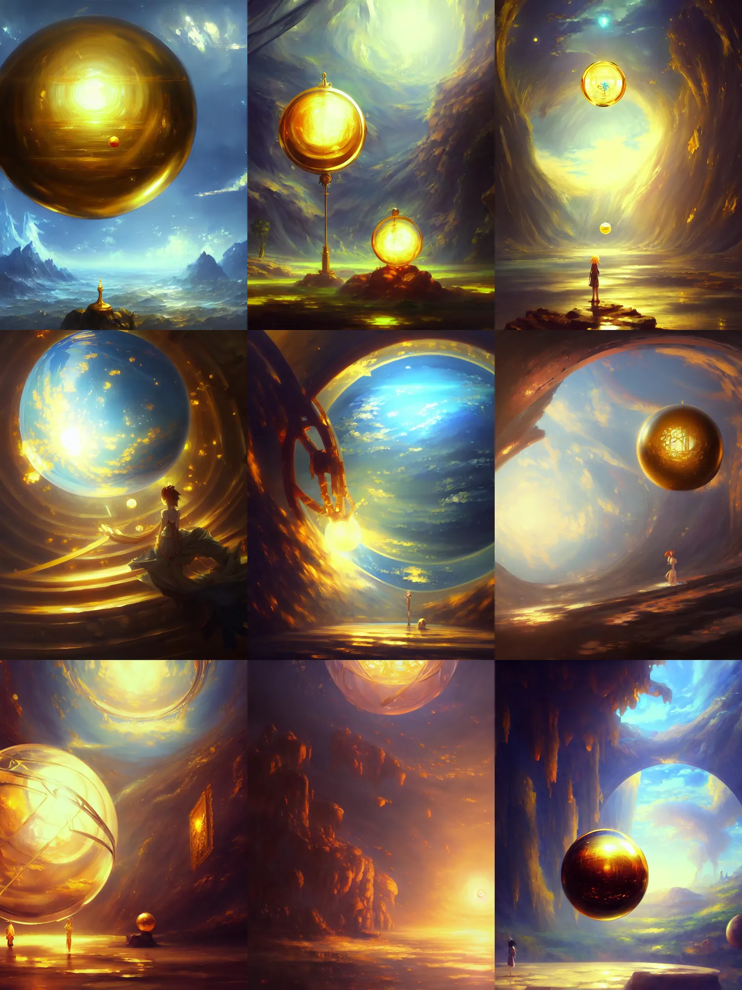 Prompt: classical oil painting of anime environment concept art featuring a golden crystal sphere, fantasy, trending on artstation, stylistic, brush strokes, oil, canvas, by kawacy and makoto shinkai