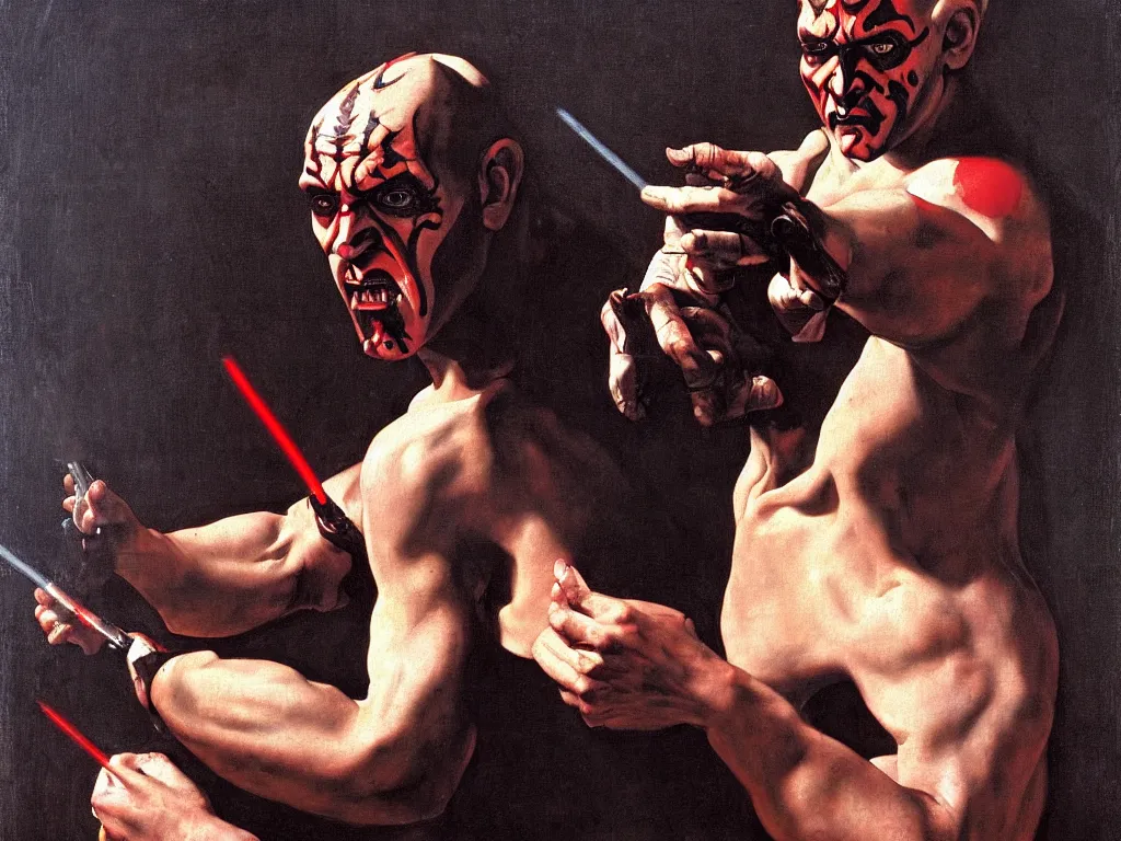 Prompt: Darth maul painted by Caravaggio, baroque painting, renaissance painting, 8k, highly detailed