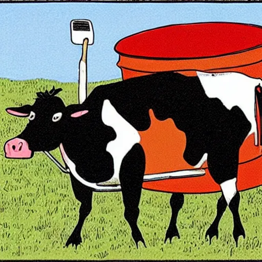 Image similar to a cow points at a bucket, a farmer stands nearby, illustrated by gary larson