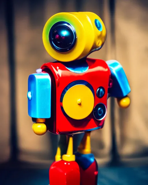 Image similar to high quality presentation photo of a retro toy robot, photography 4k, f1.8 anamorphic, bokeh, 4k, Canon, Nikon