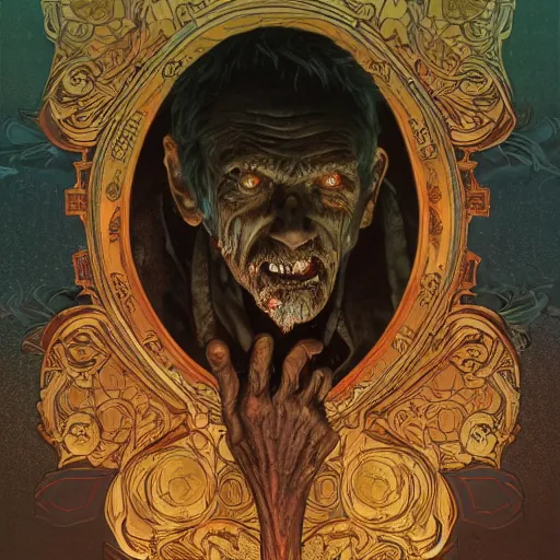 Prompt: elderly zombie man staring into an infinite mirror, intricate, art by artgerm and greg rutkowski and alphonse mucha and william - adolphe bouguereau, high detailed, 4 k,