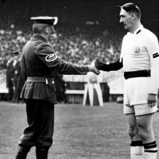 Image similar to modern press photograph of robert lewandowski shaking hands with adolf hitler during a football match