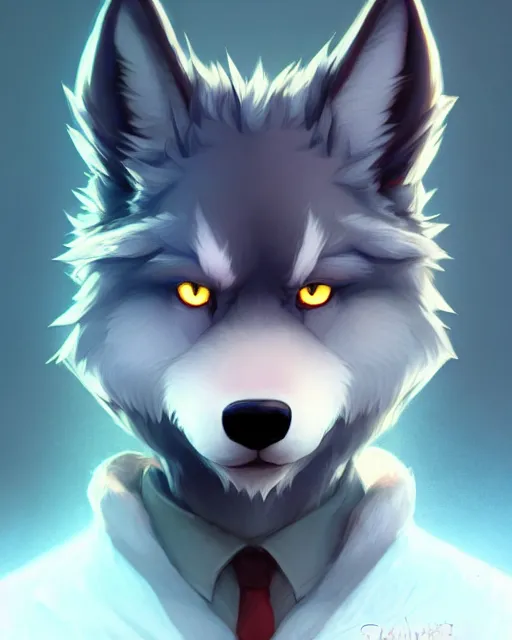 Image similar to character concept art of a dark gray anthropomorphic furry wolf red hair blue eyes | | cute - fine - face, pretty face, key visual, realistic shaded perfect face, fine details by stanley artgerm lau, wlop, rossdraws, james jean, andrei riabovitchev, marc simonetti, and sakimichan, artstation